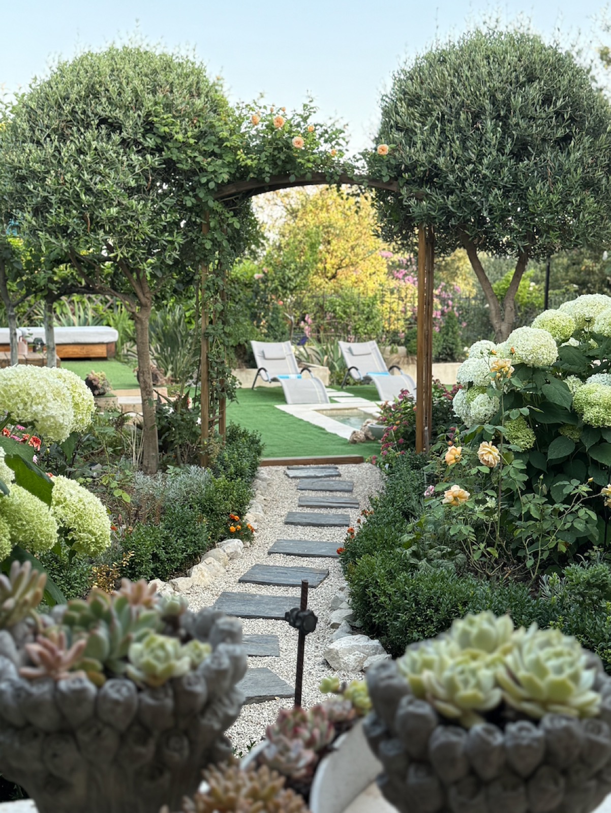 Garden archway with hydrangeas