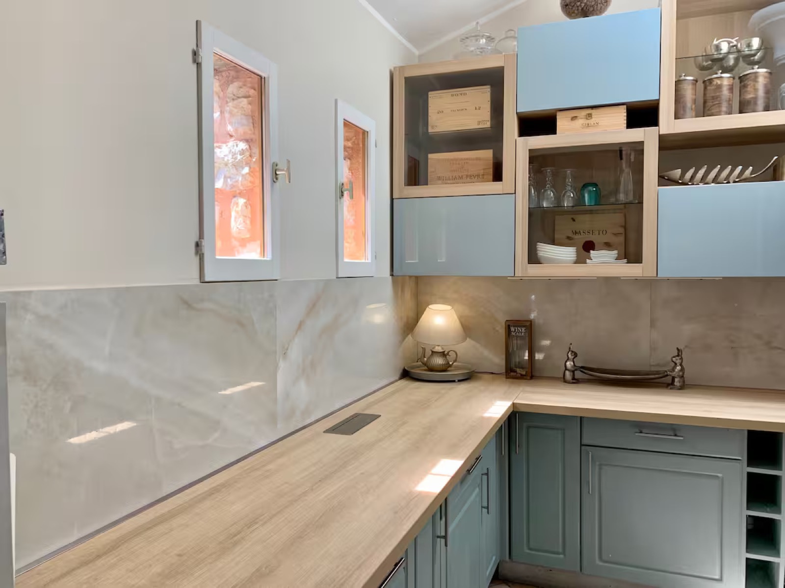 Kitchen with blue-grey cabinets