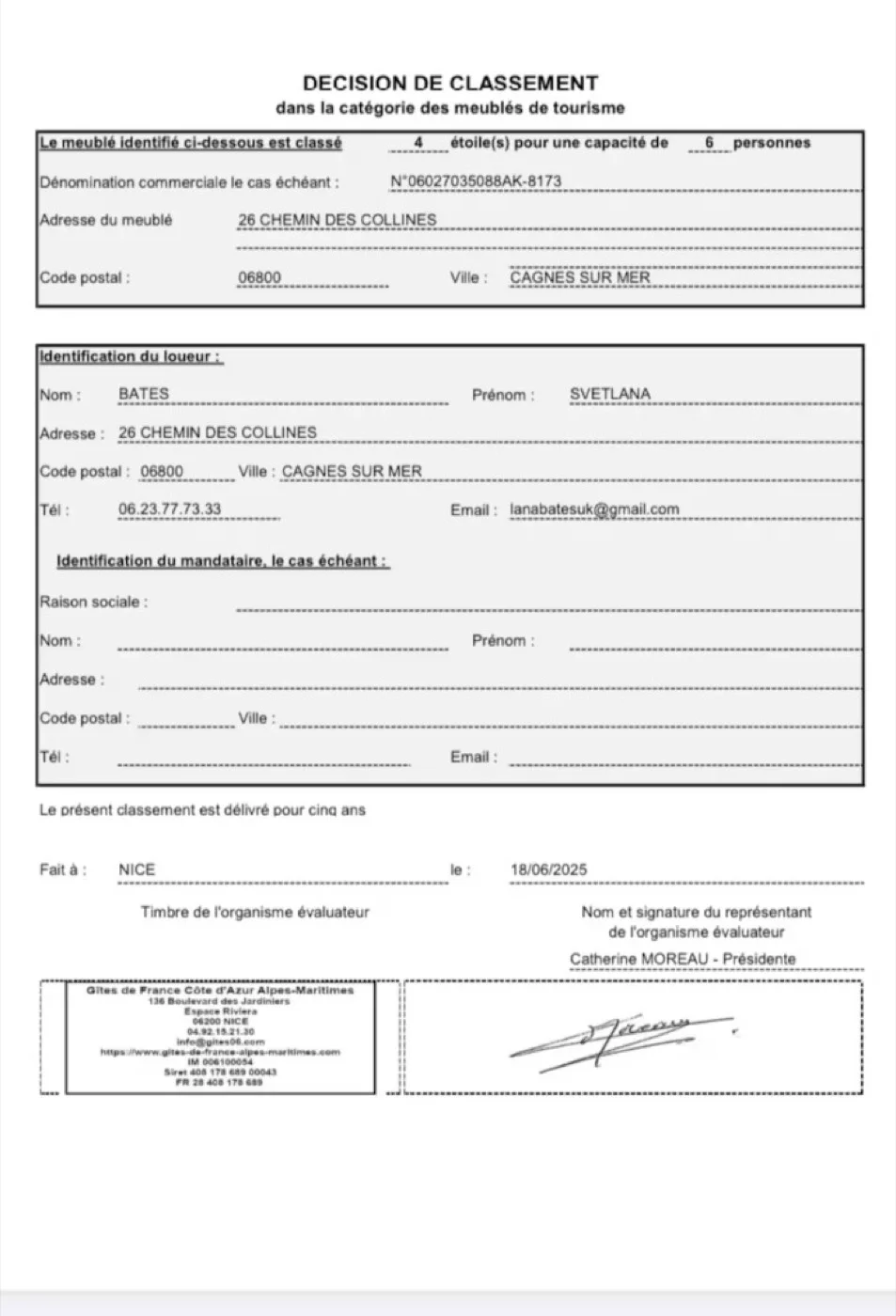 Gîtes de France 4-star classification certificate for Villa Augflor, 26 Chemin des Collines, Cagnes-sur-Mer