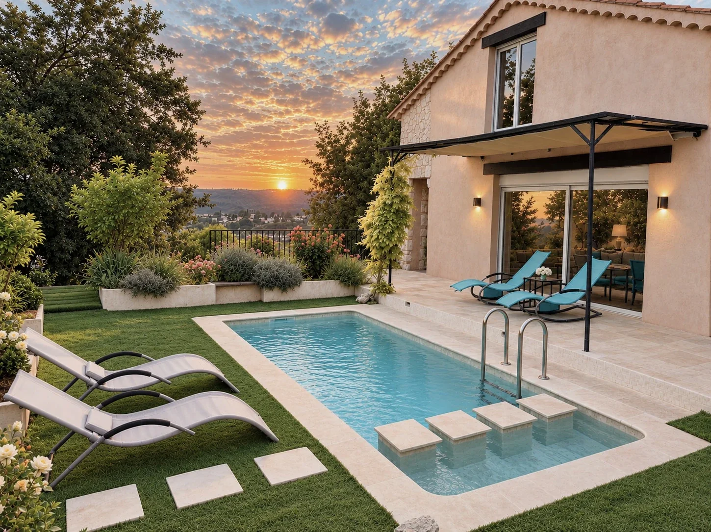 Villa Augflor pool, garden and hillside sunset view