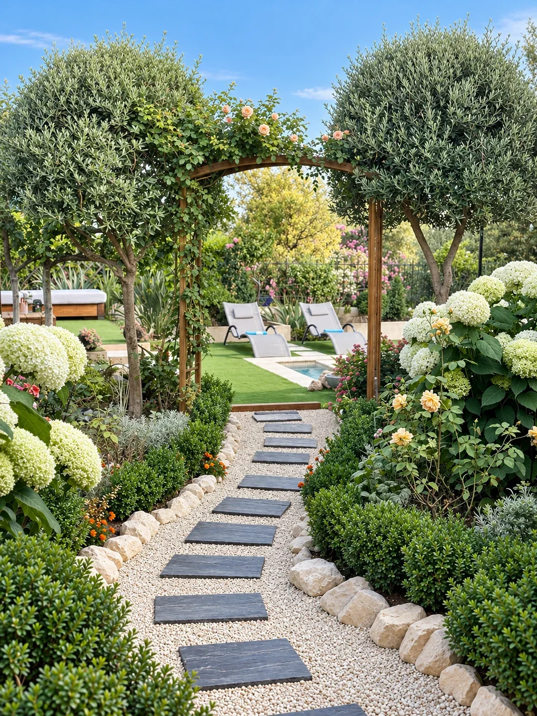 Mediterranean garden path and flowering arch leading towards the private pool at Villa Augflor in Cagnes-sur-Mer